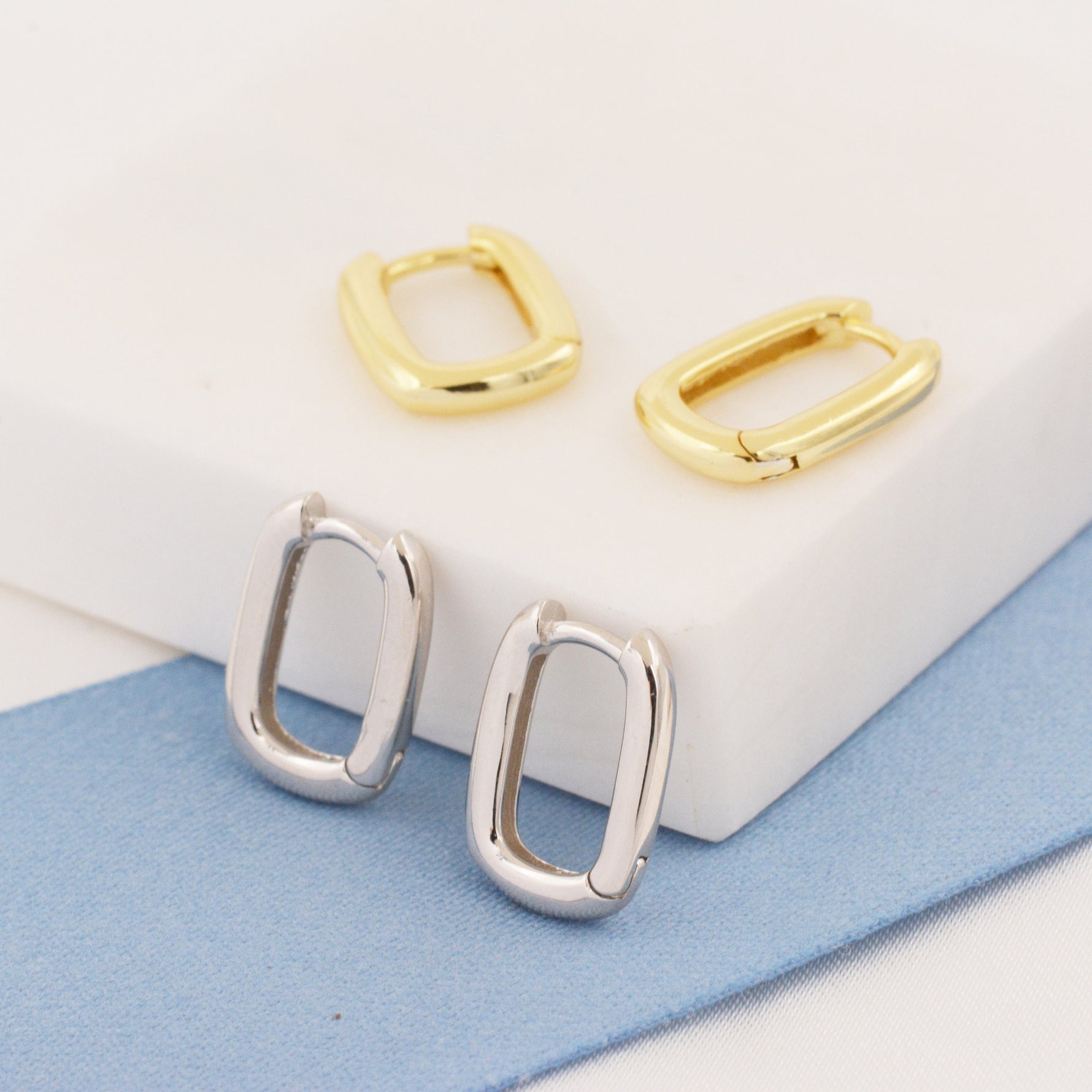 Pair of Small Rectangular Hoop Earrings in Sterling Silver, Oval Hoop Earrings, Chunky Hoop Earrings, Silver or Gold, Square Hoop Earrings