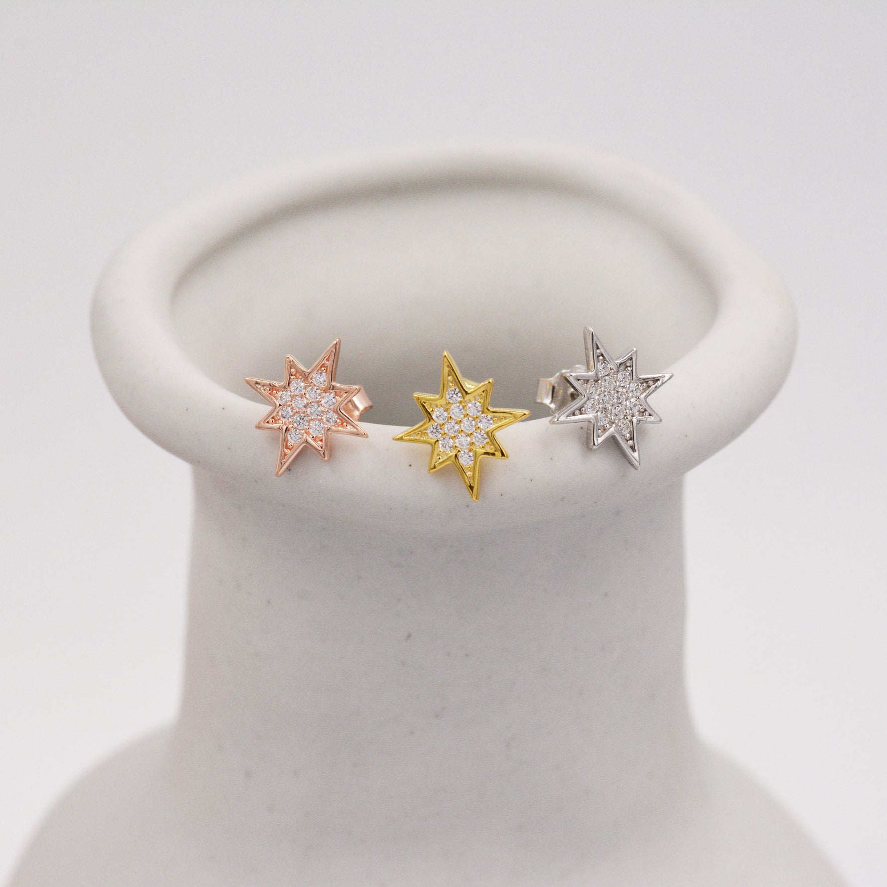 Starburst Stud Earrings in Sterling Silver Pave CZ Crystals, Silver Gold or Rose Gold Dainty and Delicate Earrings, Celestial Jewellery