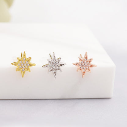 Starburst Stud Earrings in Sterling Silver Pave CZ Crystals, Silver Gold or Rose Gold Dainty and Delicate Earrings, Celestial Jewellery