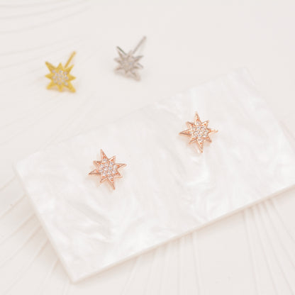 Starburst Stud Earrings in Sterling Silver Pave CZ Crystals, Silver Gold or Rose Gold Dainty and Delicate Earrings, Celestial Jewellery