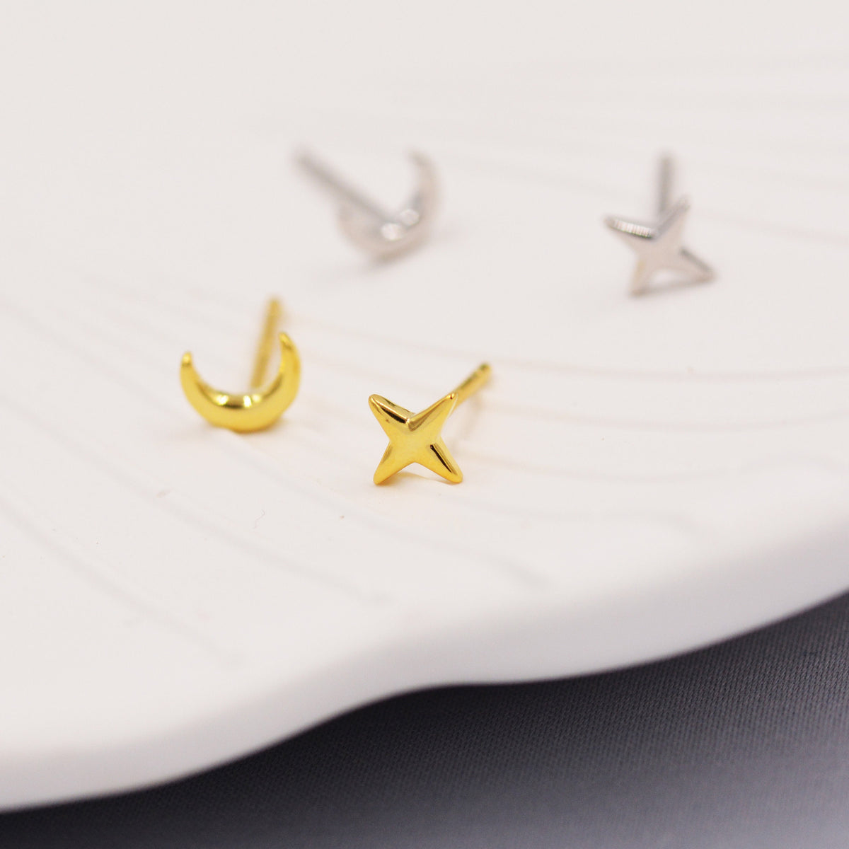 Mismatched Four Point Star and Moon Stud Earrings in Sterling Silver, Crescent Moon Celestial Stud, Polished or Textured, Gold or Silver