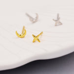Mismatched Four Point Star and Moon Stud Earrings in Sterling Silver, Crescent Moon Celestial Stud, Polished or Textured, Gold or Silver