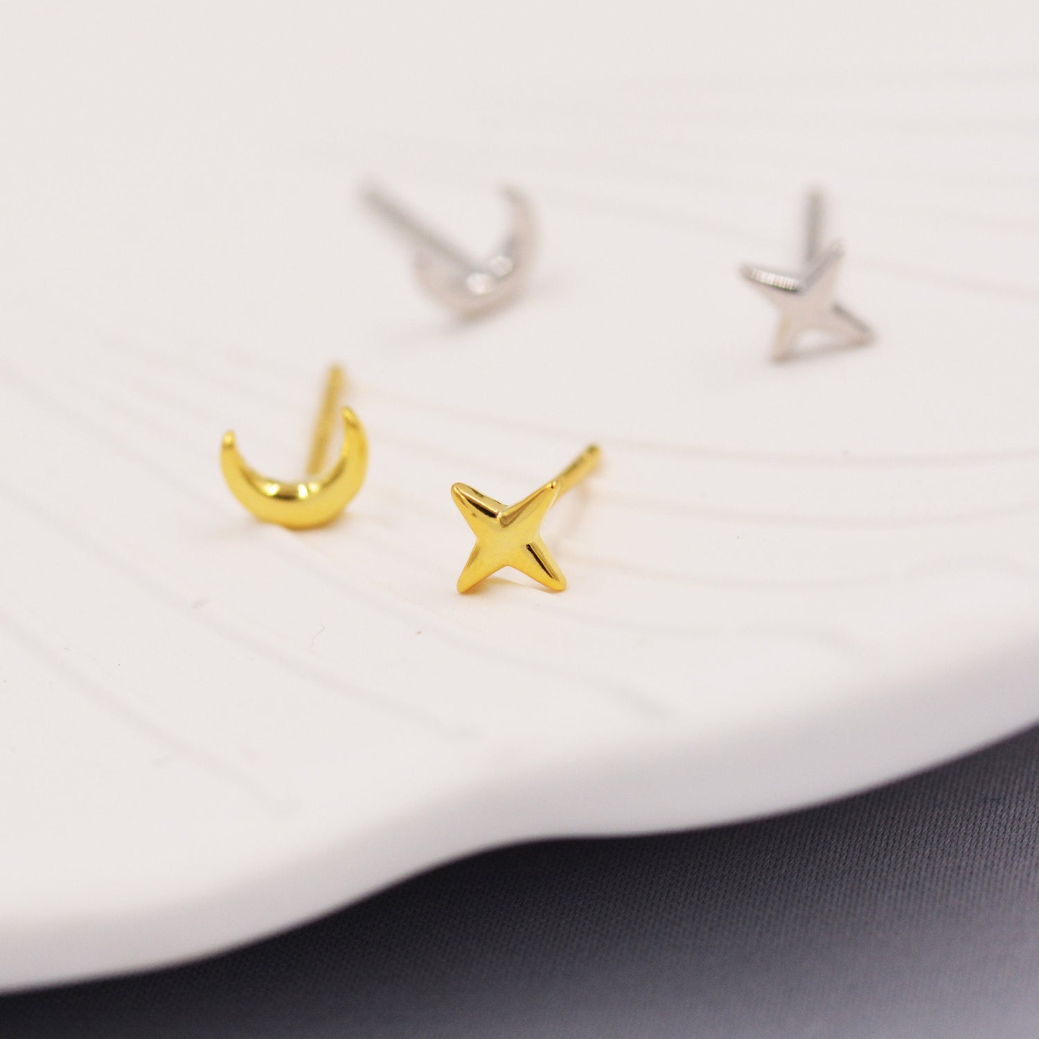 Mismatched Four Point Star and Moon Stud Earrings in Sterling Silver, Crescent Moon Celestial Stud, Polished or Textured, Gold or Silver