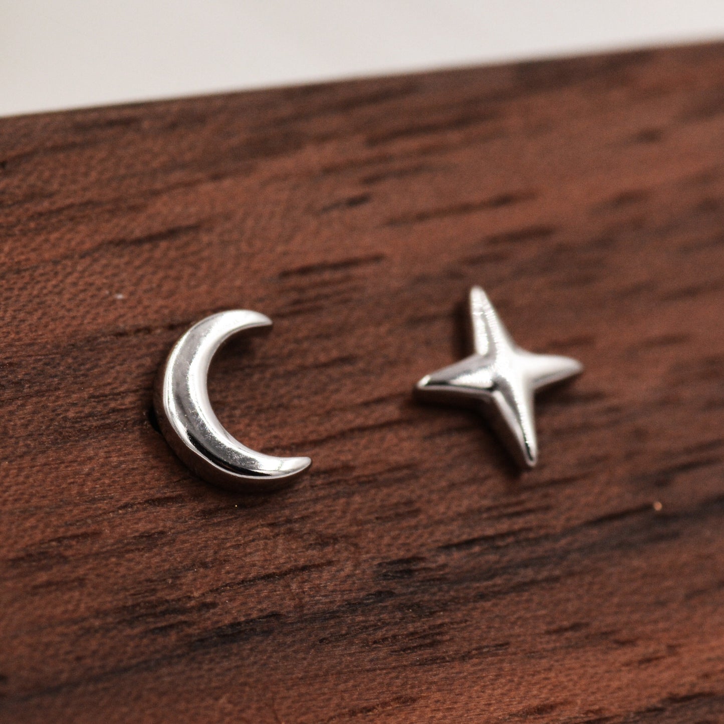 Mismatched Four Point Star and Moon Stud Earrings in Sterling Silver, Crescent Moon Celestial Stud, Polished or Textured, Gold or Silver