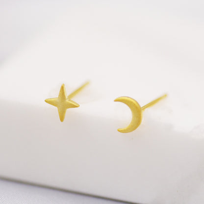 Mismatched Four Point Star and Moon Stud Earrings in Sterling Silver, Crescent Moon Celestial Stud, Polished or Textured, Gold or Silver