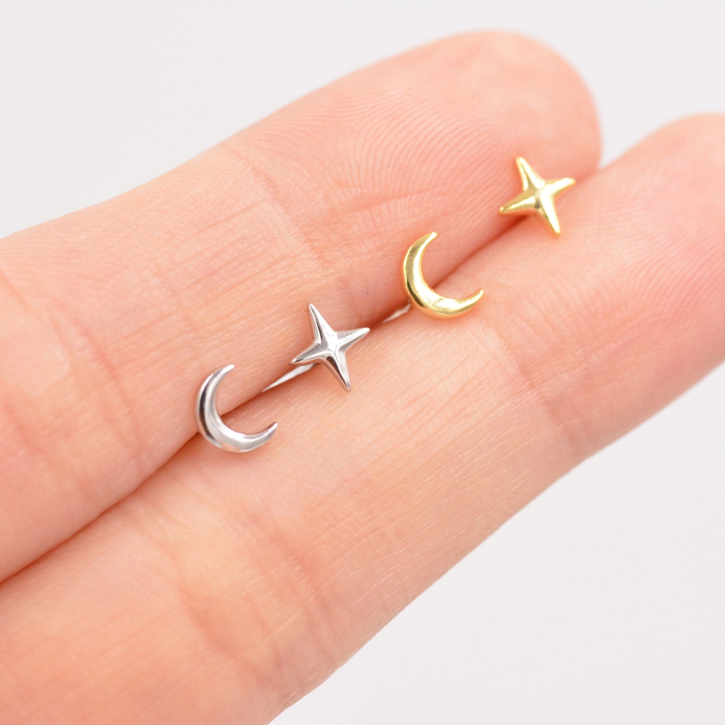 Mismatched Four Point Star and Moon Stud Earrings in Sterling Silver, Crescent Moon Celestial Stud, Polished or Textured, Gold or Silver