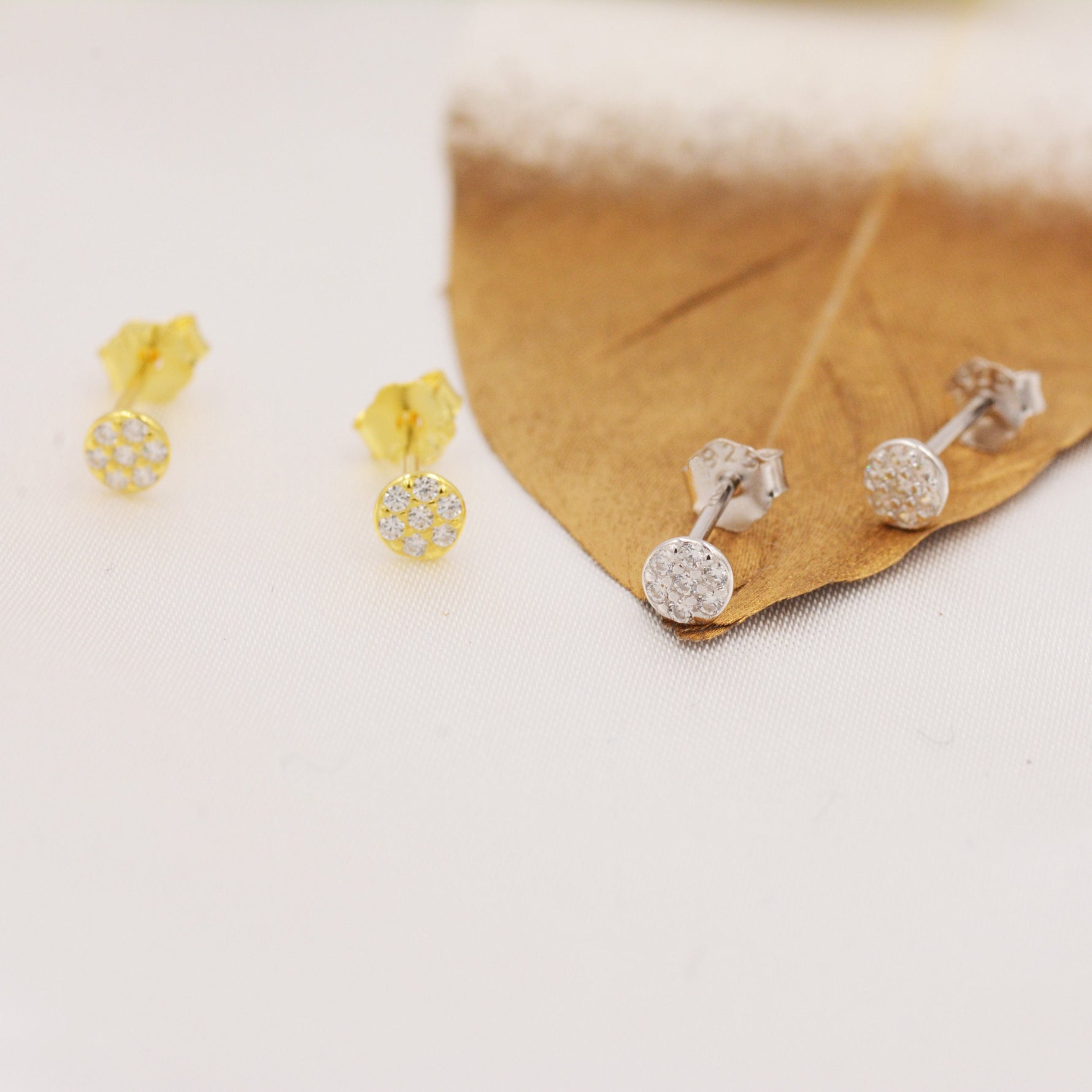 Extra Tiny Round Disk Stud Earrings in Sterling Silver, Sparkly CZ Coin Earrings, Tiny Circle Stud, CZ Pave Coin Earrings, Silver or Gold