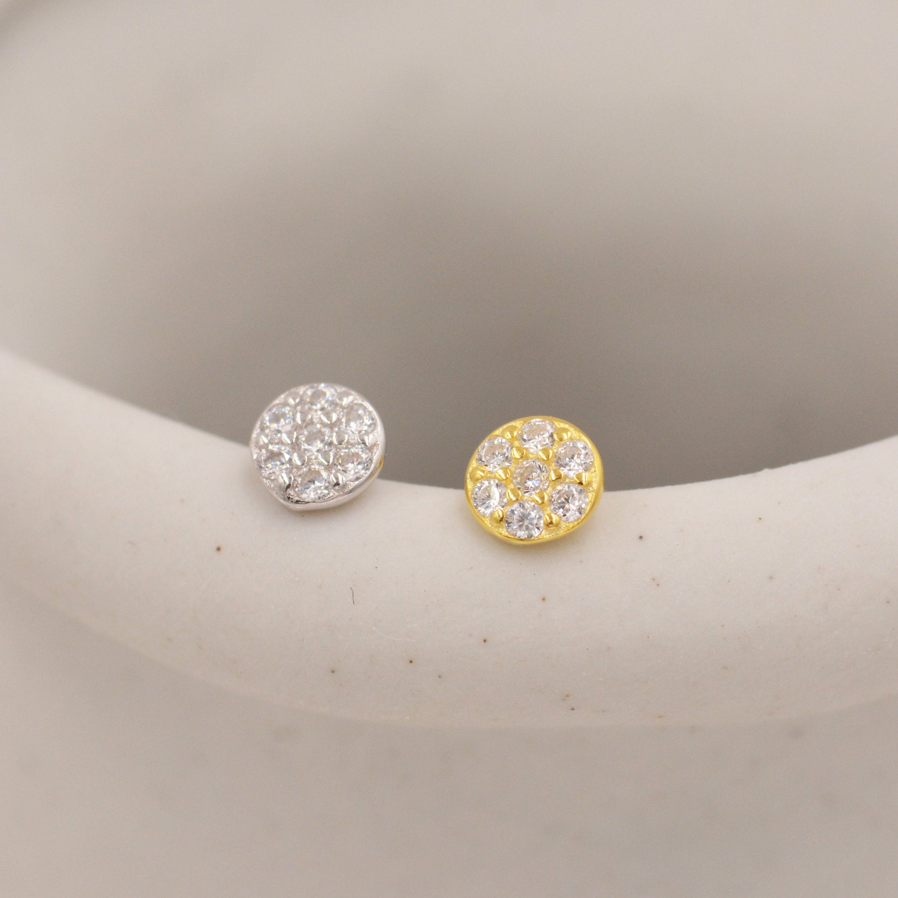 Extra Tiny Round Disk Stud Earrings in Sterling Silver, Sparkly CZ Coin Earrings, Tiny Circle Stud, CZ Pave Coin Earrings, Silver or Gold