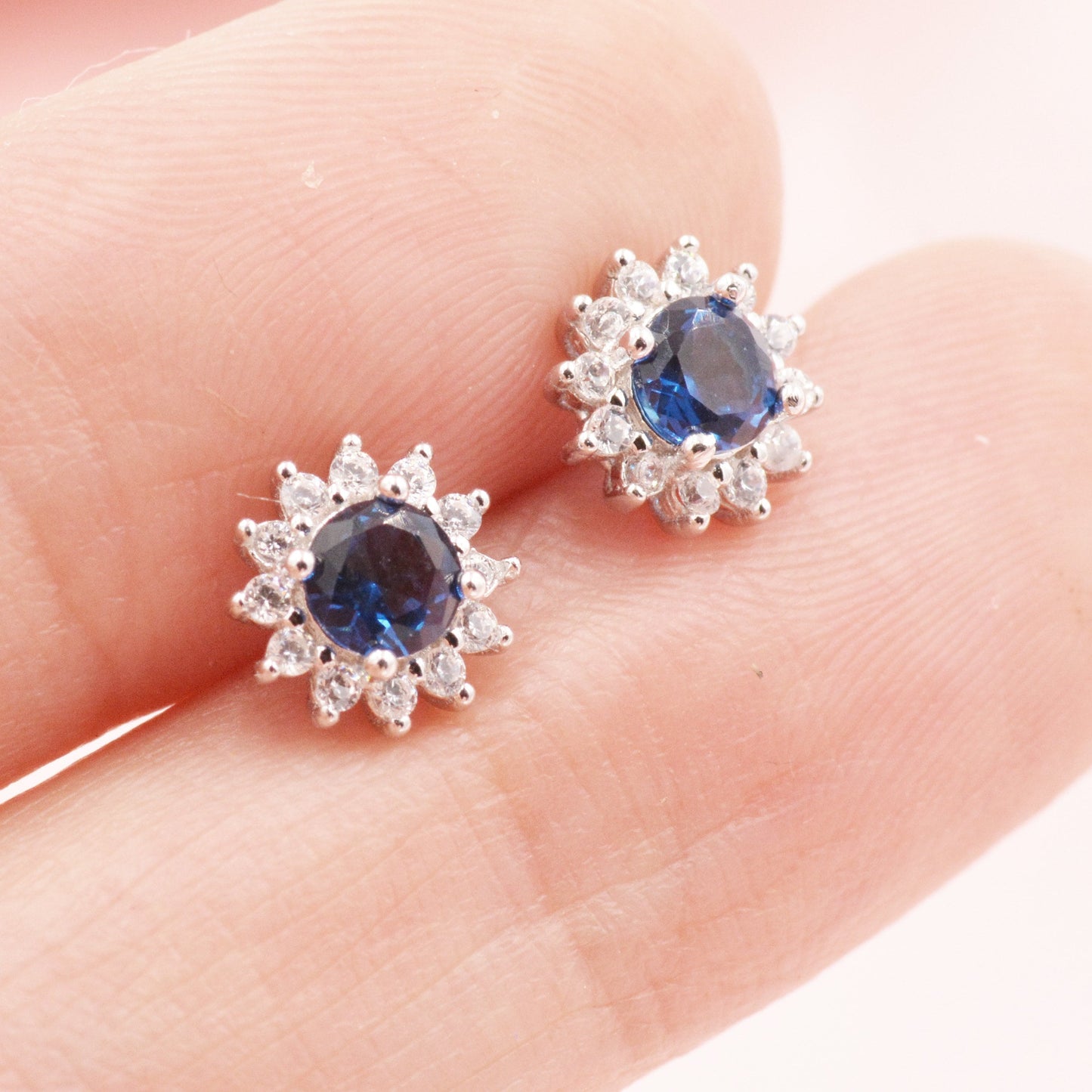 Sapphire Flower Stud Earrings in Sterling Silver, Gold or Silver, Simulated Sapphire Flower Earrings, Blue CZ Flower Earrings