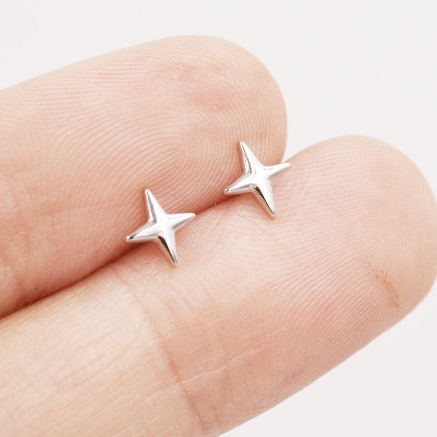 Four Point Star Stud Earrings in Sterling Silver, Tiny Celestial Stud, Polished or Textured, Gold or Silver