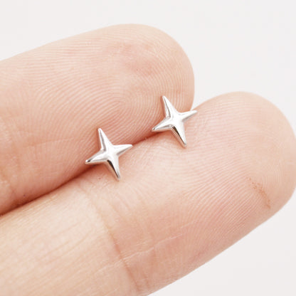 Four Point Star Stud Earrings in Sterling Silver, Tiny Celestial Stud, Polished or Textured, Gold or Silver