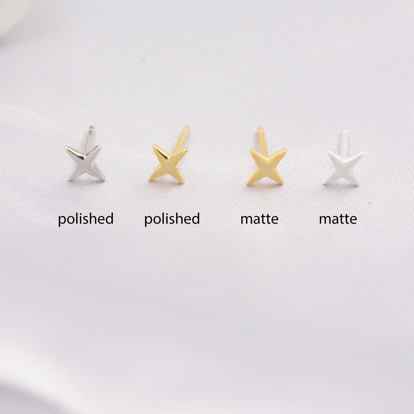 Four Point Star Stud Earrings in Sterling Silver, Tiny Celestial Stud, Polished or Textured, Gold or Silver