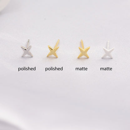 Four Point Star Stud Earrings in Sterling Silver, Tiny Celestial Stud, Polished or Textured, Gold or Silver