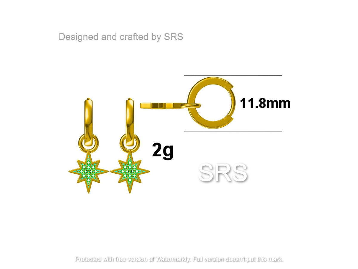 Starburst Charm Huggie Hoop Earrings in Sterling Silver with Detachable Star Burst Charms, North Star Celestial Geometric Design