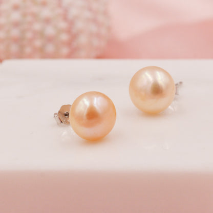 Genuine Pink Pearl Stud Earrings in Sterling Silver, 5mm - 8mm, Small Pearl Stud and Large Pearl Stud, Silver pearl Earrings,