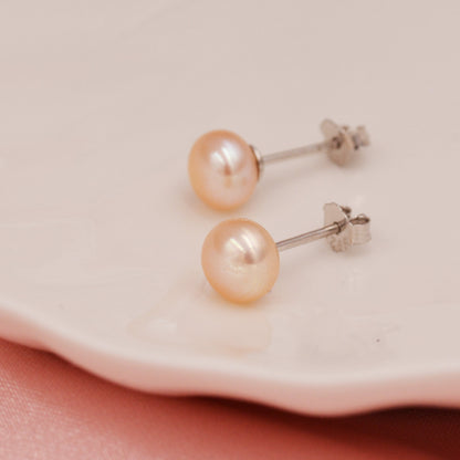 Genuine Pink Pearl Stud Earrings in Sterling Silver, 5mm - 8mm, Small Pearl Stud and Large Pearl Stud, Silver pearl Earrings,