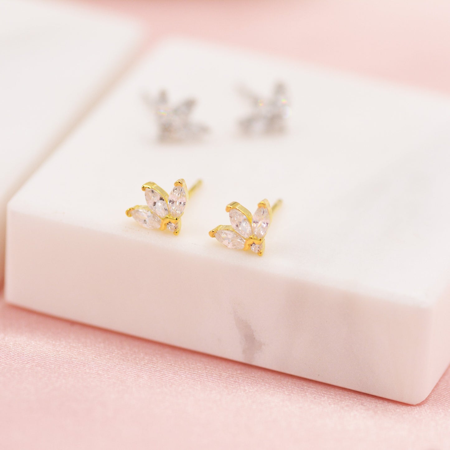 Sterling Silver CZ Marquise Cluster Stud Earrings,  Gold or Silver, Marquise Fan Stud, CZ Crown Stud, Three Marquise Stud