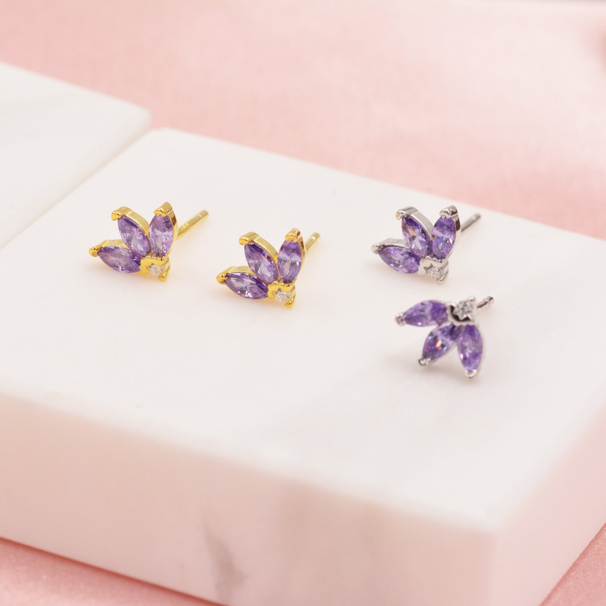 Sterling Silver CZ Marquise Cluster Stud Earrings, Gold or Silver, Marquise Fan Stud, CZ Crown Stud, Three Marquise Stud - Multi Colour