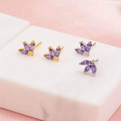 Sterling Silver CZ Marquise Cluster Stud Earrings, Gold or Silver, Marquise Fan Stud, CZ Crown Stud, Three Marquise Stud - Multi Colour
