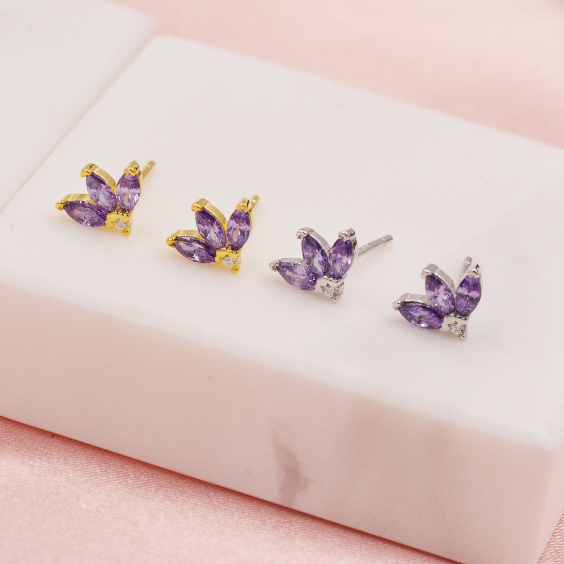 Sterling Silver CZ Marquise Cluster Stud Earrings, Gold or Silver, Marquise Fan Stud, CZ Crown Stud, Three Marquise Stud - Multi Colour