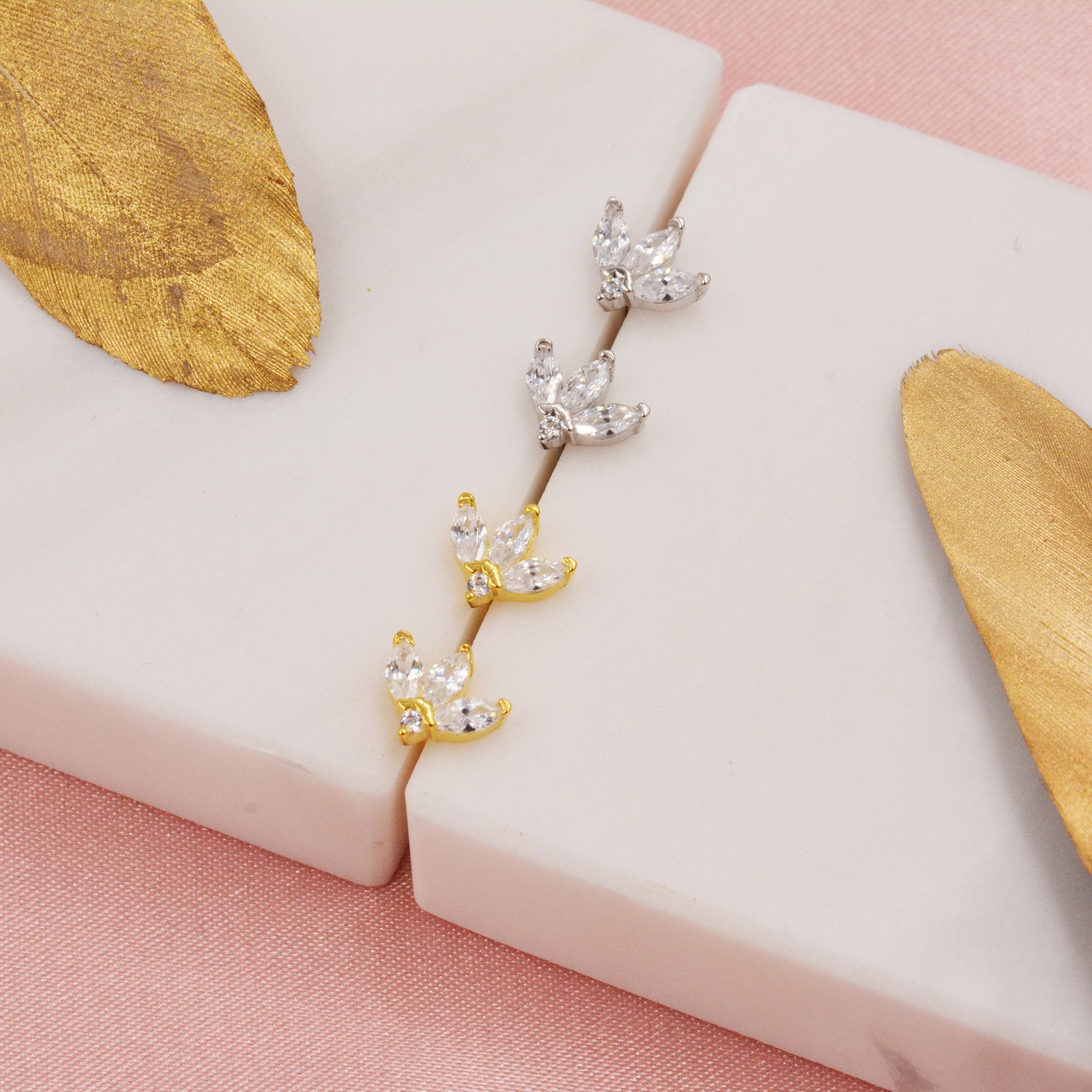 Sterling Silver CZ Marquise Cluster Stud Earrings, Gold or Silver, Marquise Fan Stud, CZ Crown Stud, Three Marquise Stud - Multi Colour