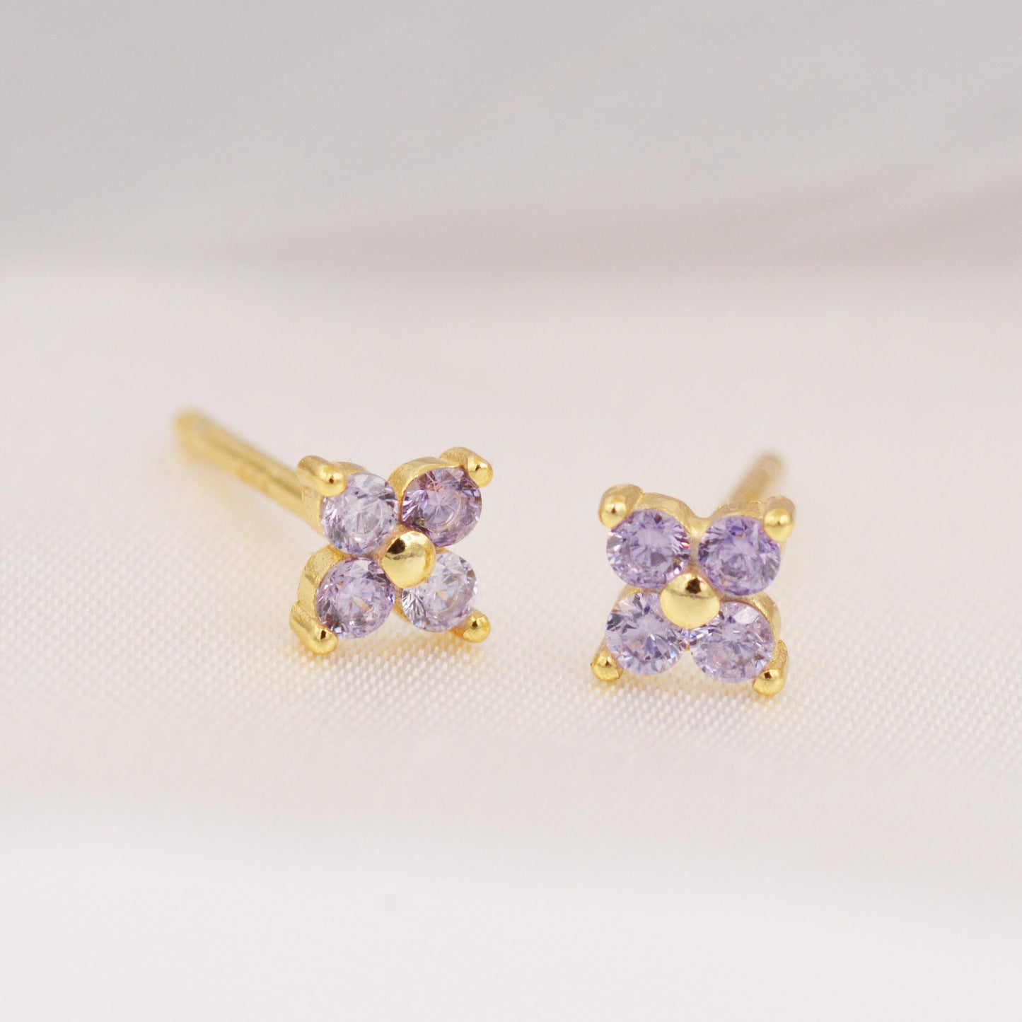CZ Flower Stud Earrings in Sterling Silver, Crystal Flower Earrings, Amethyst, Ruby, Emerald and Black Diamond, Four Crystal Stud