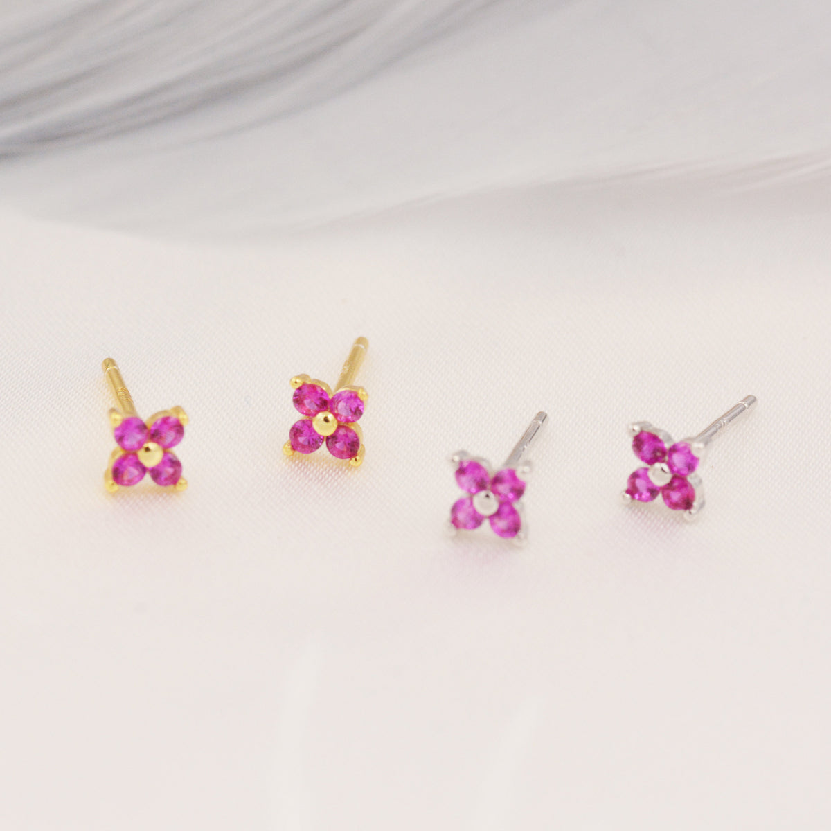 Ruby Pink CZ Flower Stud Earrings in Sterling Silver, Crystal Flower Earring, Four Crystal Stud