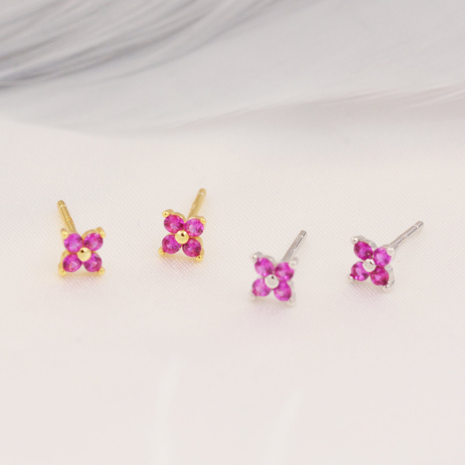 Ruby Pink CZ Flower Stud Earrings in Sterling Silver, Crystal Flower Earring, Four Crystal Stud