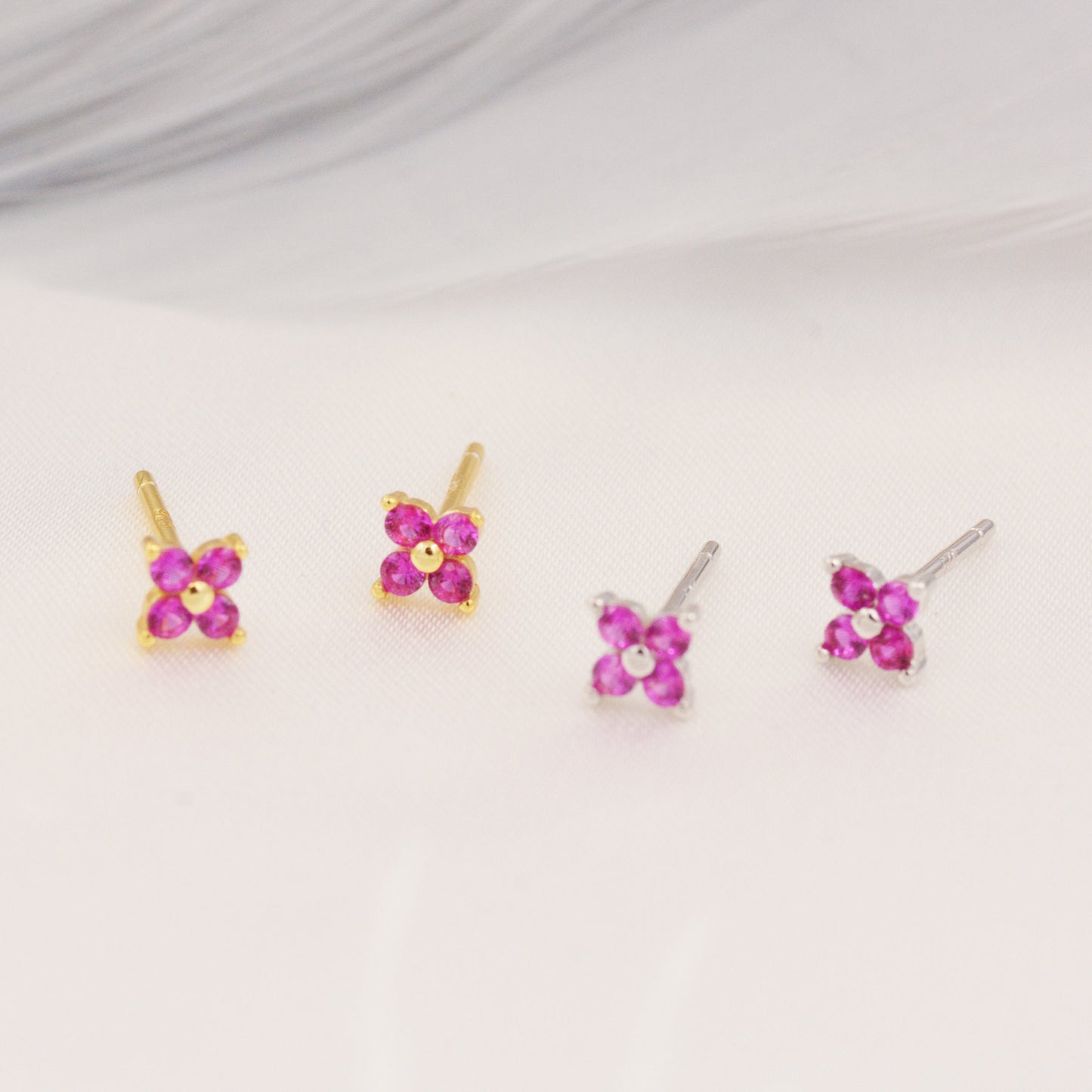 CZ Flower Stud Earrings in Sterling Silver, Crystal Flower Earrings, Amethyst, Ruby, Emerald and Black Diamond, Four Crystal Stud