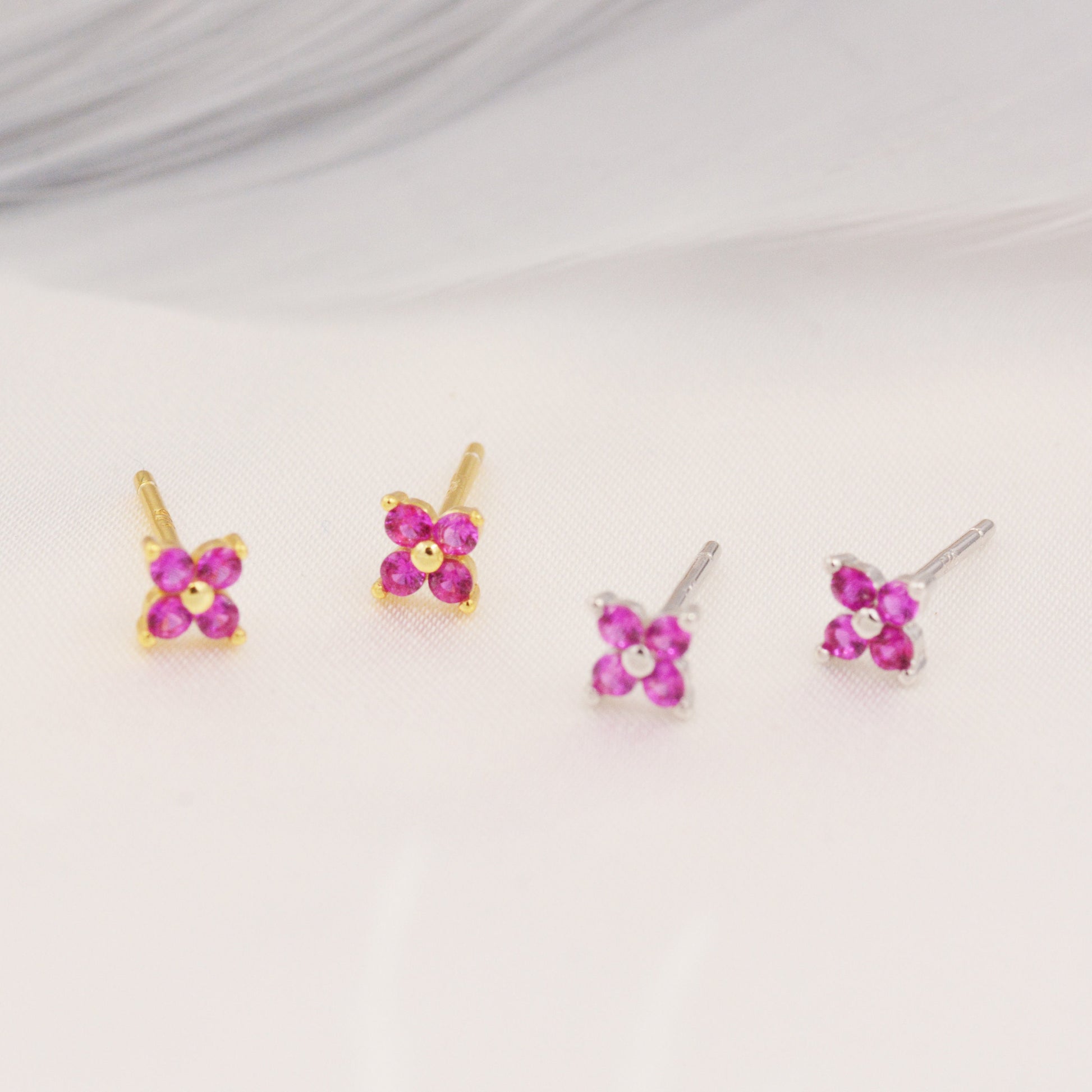 CZ Flower Stud Earrings in Sterling Silver, Crystal Flower Earrings, Amethyst, Ruby, Emerald and Black Diamond, Four Crystal Stud