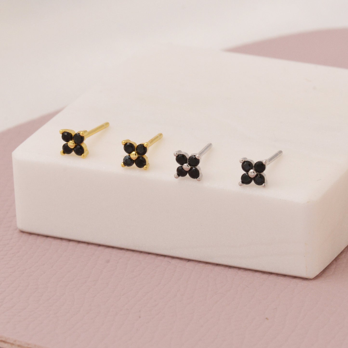 CZ Flower Stud Earrings in Sterling Silver, Crystal Flower Earrings, Amethyst, Ruby, Emerald and Black Diamond, Four Crystal Stud