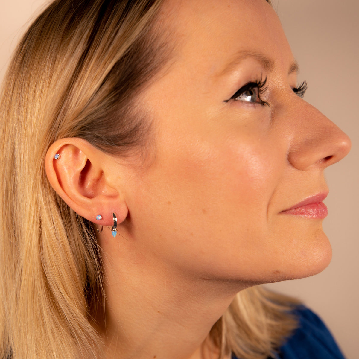 Blue or White Opal Spike Huggie Hoop Earrings