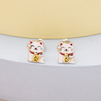 Super Cute Japanese Maneki-neko Cat Stud Earrings in Sterling Silver - Animal Stud Earrings - Cute Money Cat, Waving Cat Stud, Cat Earrings