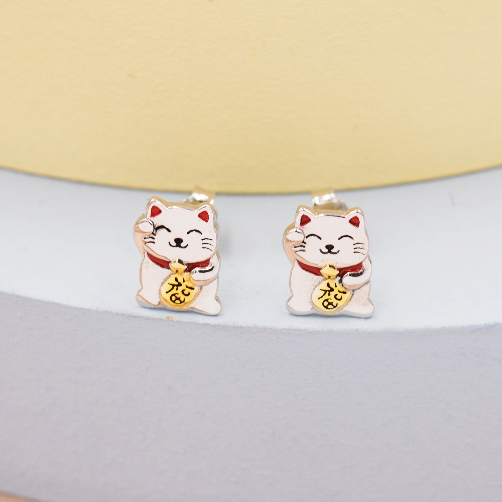Super Cute Japanese Maneki-neko Cat Stud Earrings in Sterling Silver - Animal Stud Earrings - Cute Money Cat, Waving Cat Stud, Cat Earrings