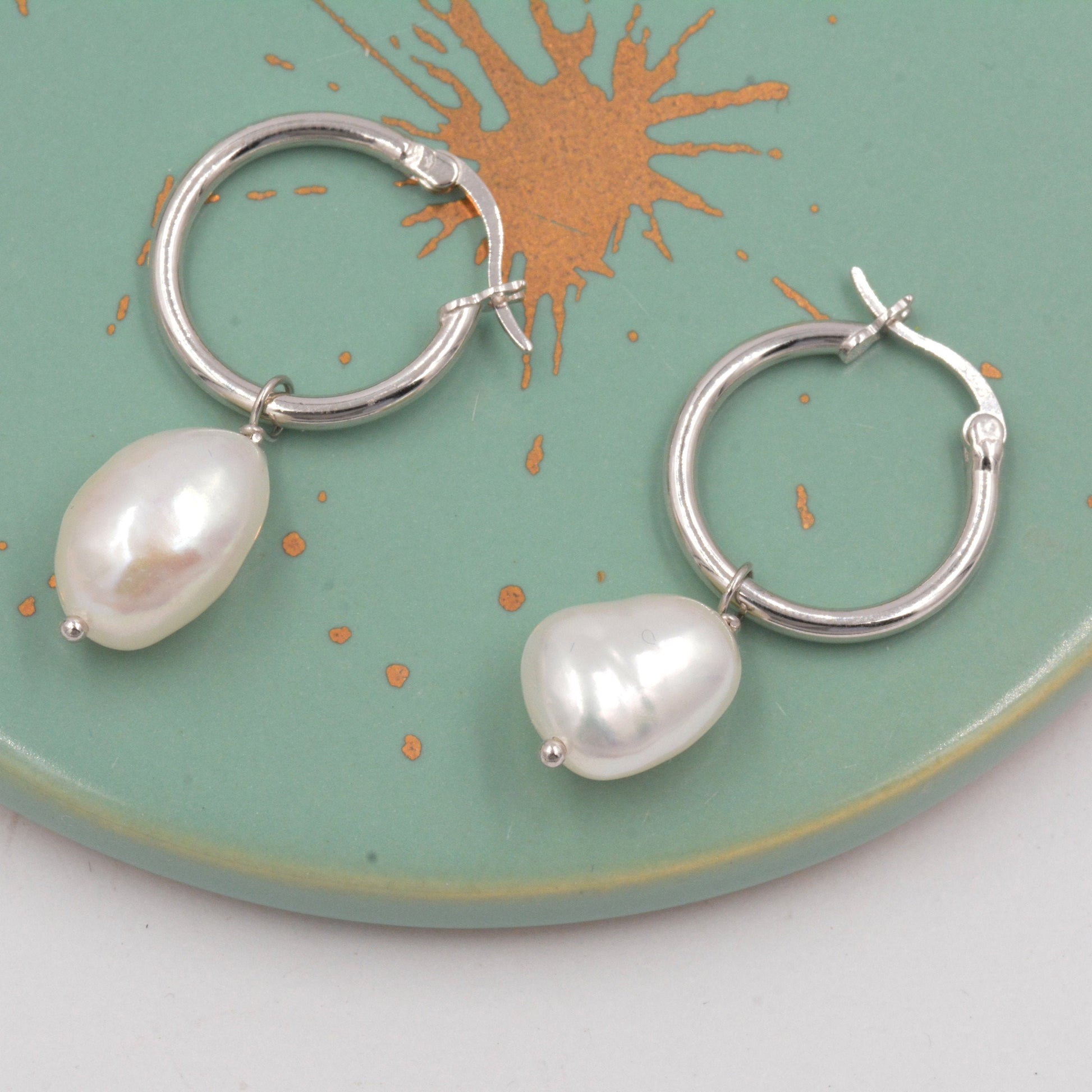 Pair of Plain Huggie Hoop Earrings in Sterling Silver with Detachable Baroque Pearl Charms, Two Sizes Available, Simple Hoop Earrings