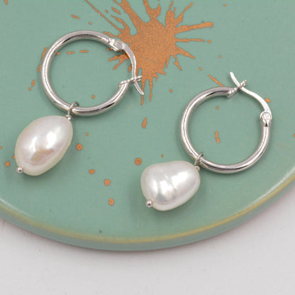 Pair of Plain Huggie Hoop Earrings in Sterling Silver with Detachable Baroque Pearl Charms, Two Sizes Available, Simple Hoop Earrings