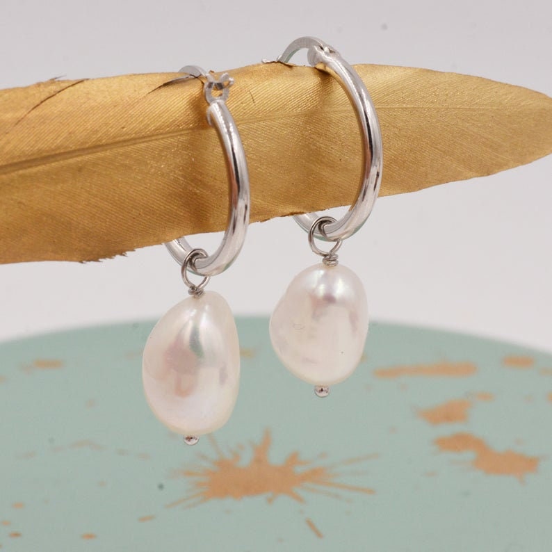 Huggie Hoop Earrings in Sterling Silver with Detachable Baroque Pearl Charms, Plain Hoop Earrings , Two Sizes Available,