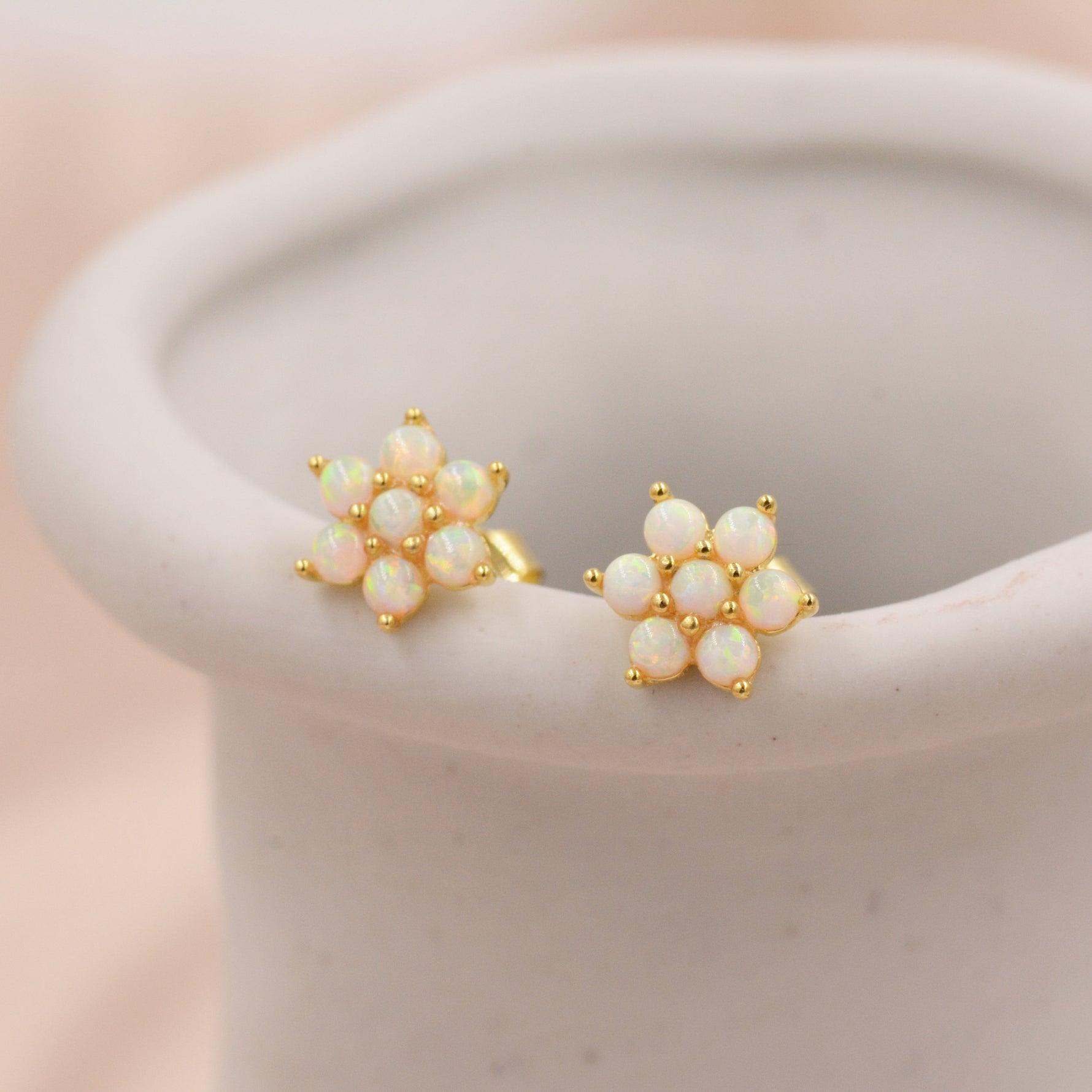 Opal Flower Stud Earrings in Sterling Silver - Gold or Silver - Opal Snowflake - 7 Opal Cluster - Petite Stud Earrings