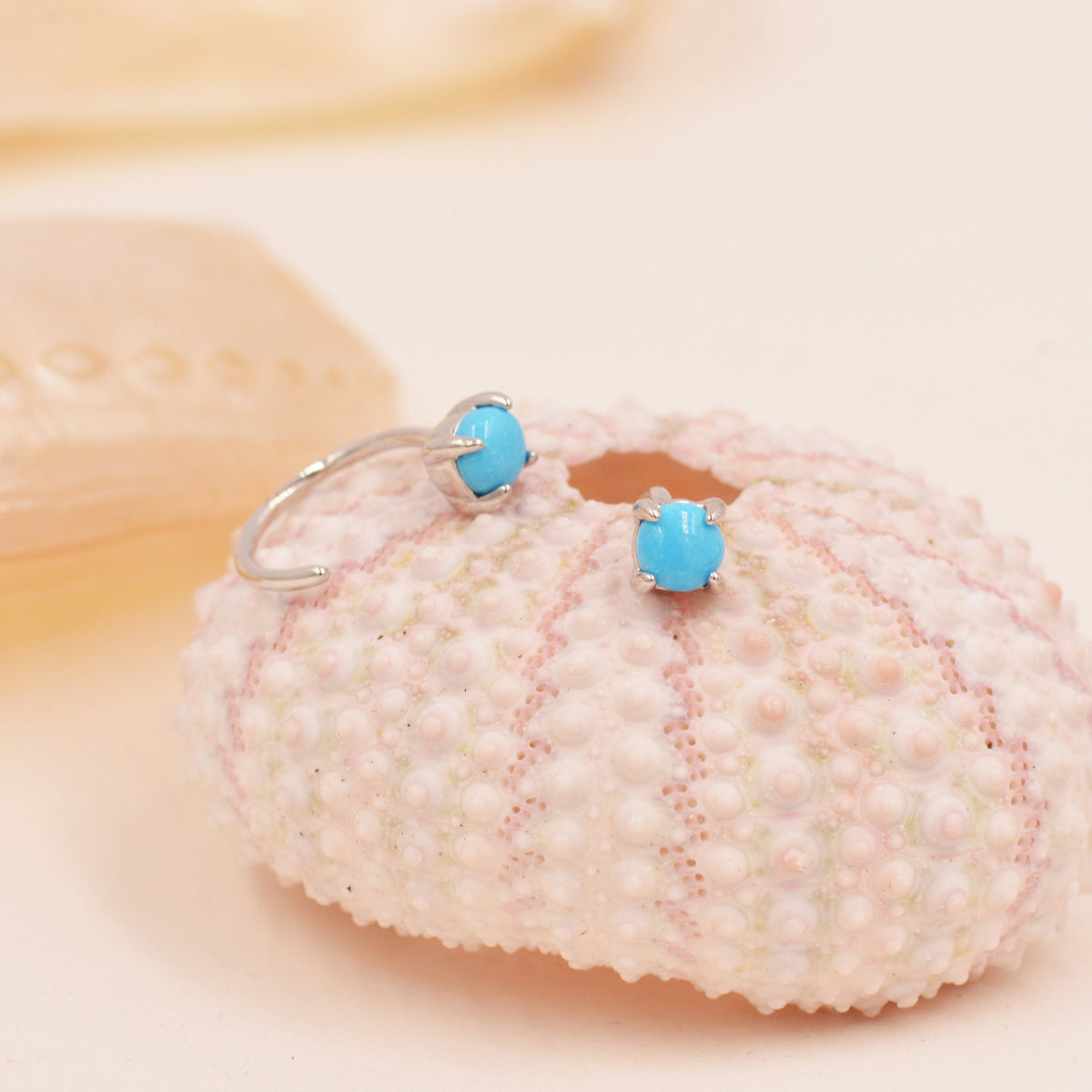 Genuine Turquoise Threader Hoop Earrings in Sterling Silver, Turquoise Dot Open Hoop Earrings, Huggie Hoop, Pull Through