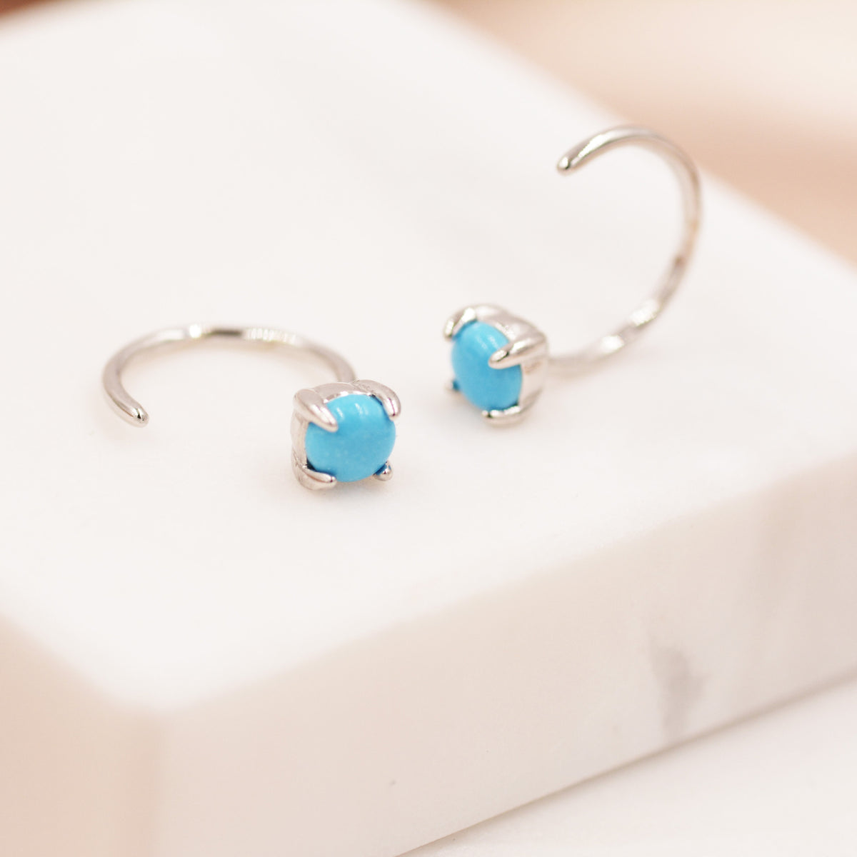 Genuine Turquoise Threader Hoop Earrings in Sterling Silver, Turquoise Dot Open Hoop Earrings, Huggie Hoop, Pull Through