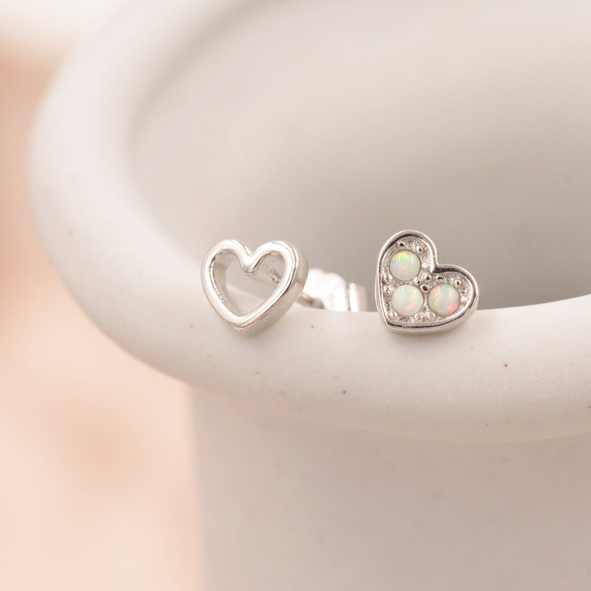 Tiny Opal Heart Mismatched Stud Earrings