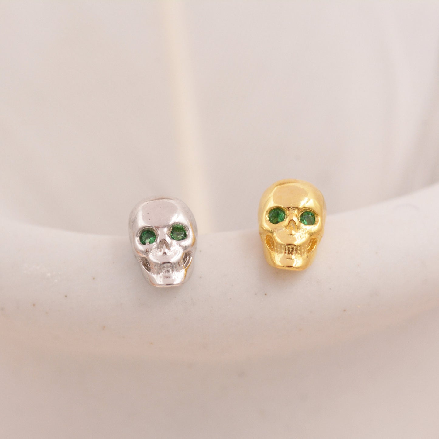 Extra Tiny Skull Stud Earrings in Sterling Silver with Emerald Green CZ - Gold or Silver - Skull Earrings - Petite Stud Earrings