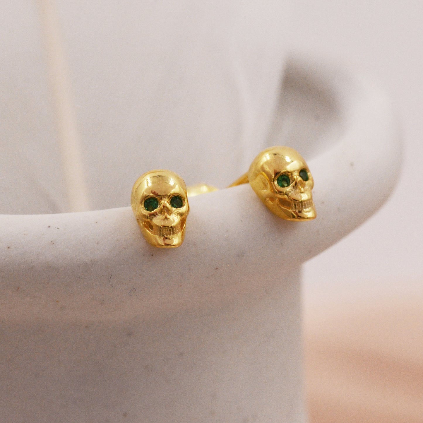 Extra Tiny Skull Stud Earrings in Sterling Silver with Emerald Green CZ - Gold or Silver - Skull Earrings - Petite Stud Earrings