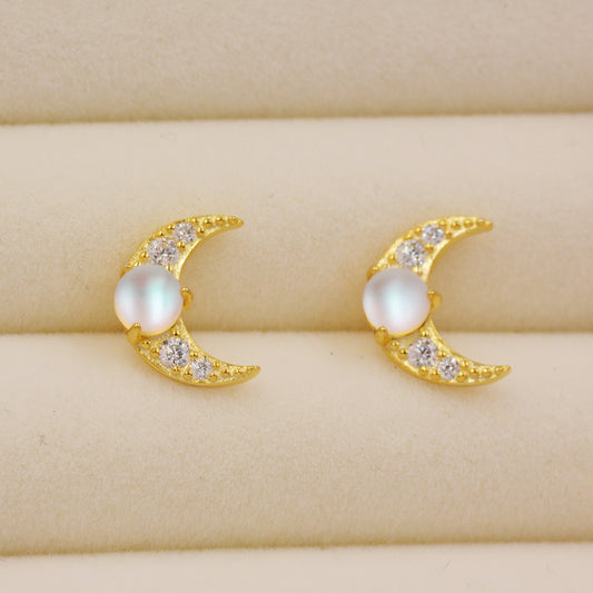 Crescent Moon Stud Earrings in Sterling Silver with Mermaid Crystals, New Moon Stud with Simulated Moonstones, Silver or Gold