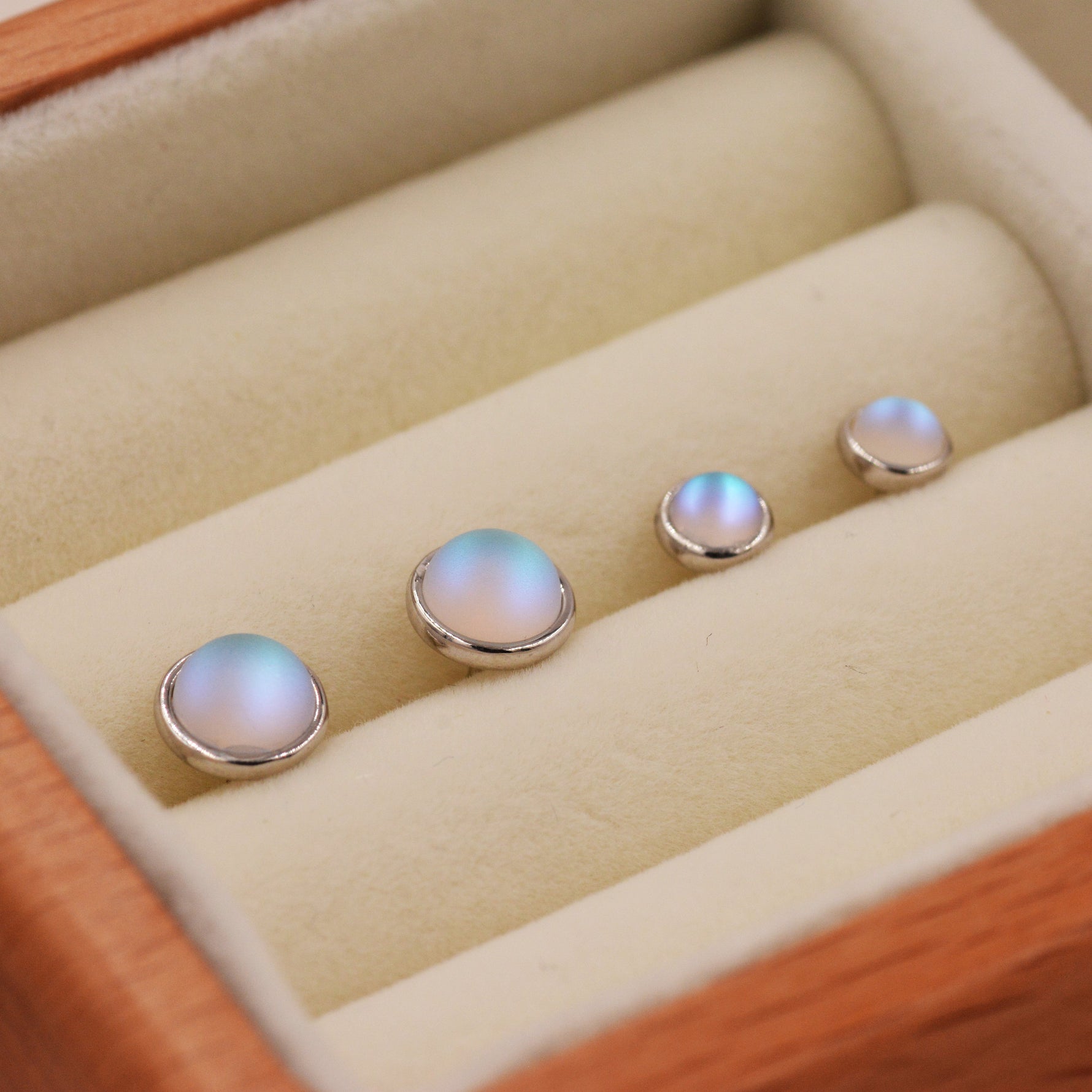 Blue Flash Lab Moonstone Crystal Stud Earrings in Sterling Silver, 4mm 5mm 6mm Simulated Moonstones, Minimalist Stud