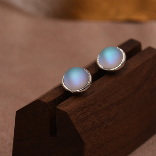 Blue Flash Mermaid Crystal Stud Earrings in Sterling Silver, 4mm 5mm 6mm Simulated Moonstones, Minimalist Stud