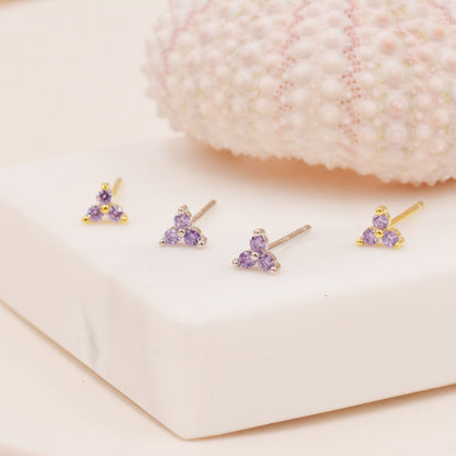 Extra Small Trinity CZ Stud Earrings in Sterling Silver - Three Dot - Gold or Silver -  Amethyst pruple