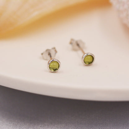 Sterling Silver Peridot Tiny Stud Earrings, Genuine 3mm Peridot Stud, Natural Semi-Precious Gemstones, Minimalist and Discreet