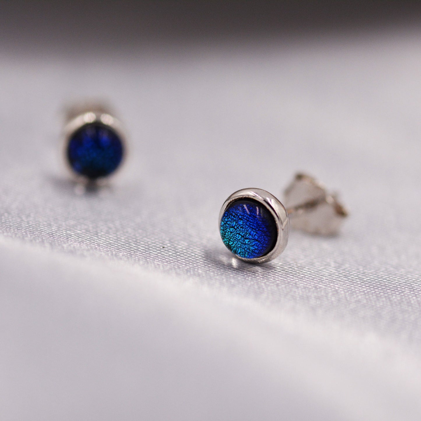 Sterling Silver Gold Dichroic Glass Stud Earrings, 4mm, Glass Crystal Dark Blue - Bezel Setting , Minimalist Style