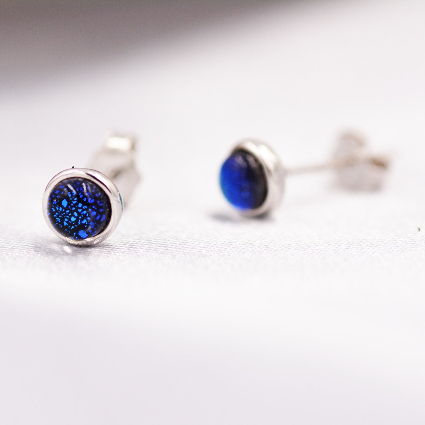 Sterling Silver Gold Dichroic Glass Stud Earrings, 4mm, Glass Crystal Dark Blue - Bezel Setting , Minimalist Style